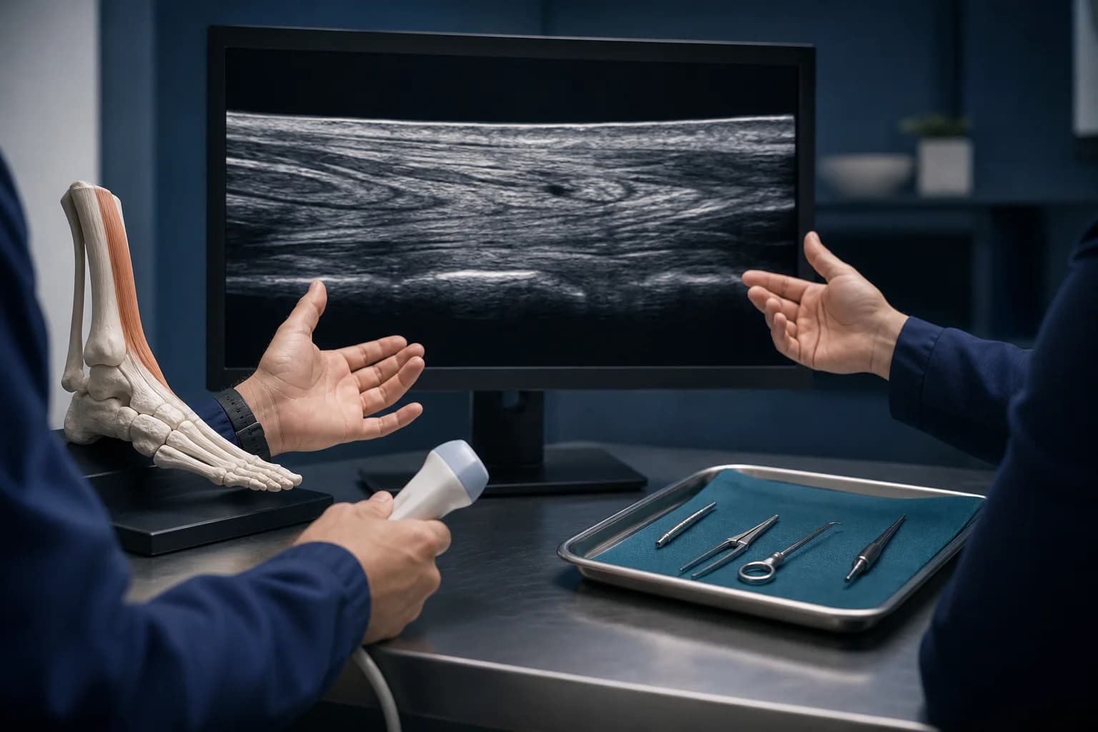 Tendon ultrasound and surgical repair instruments reviewed during treatment planning