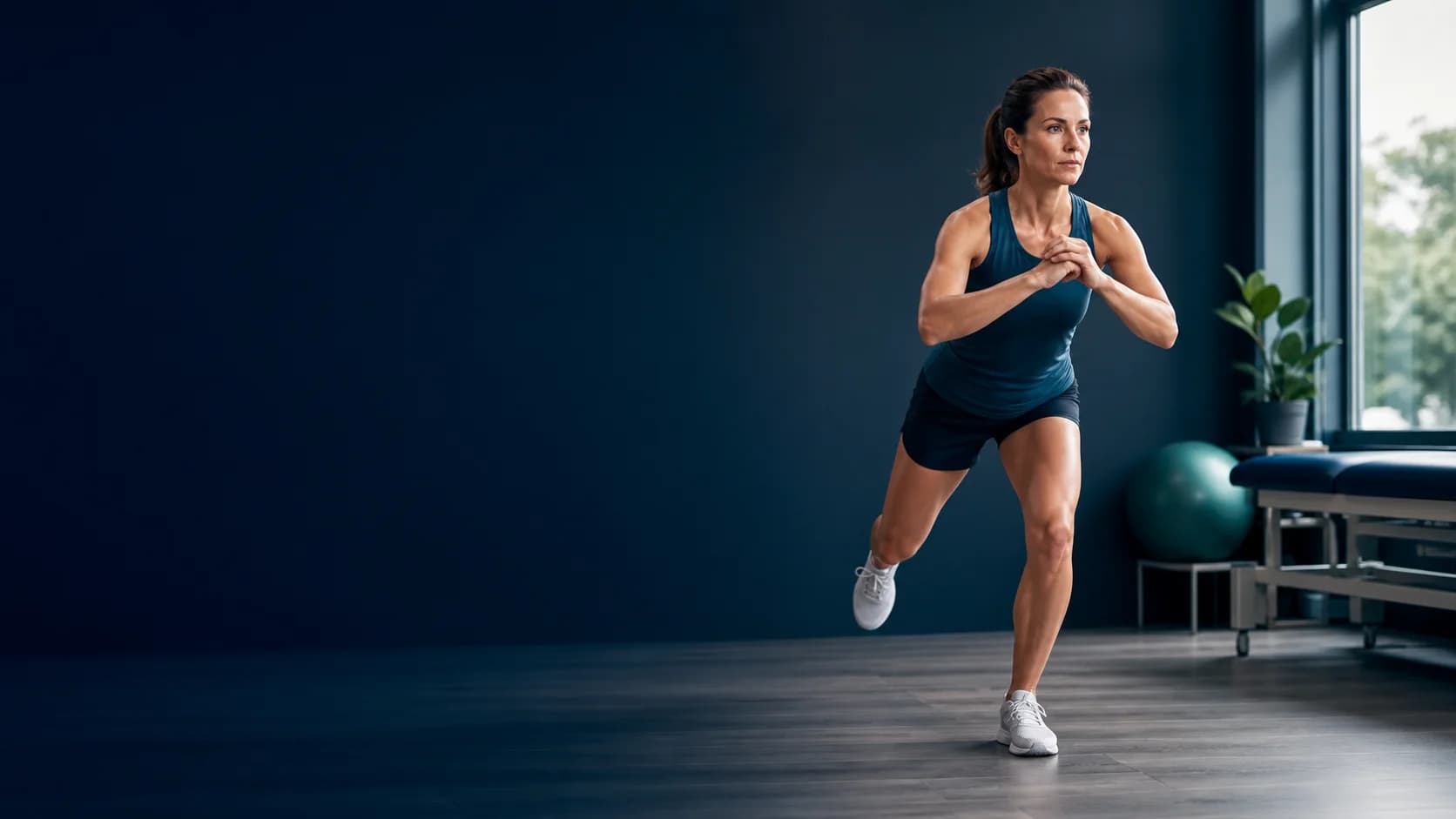 Woman performing a controlled lateral balance drill during ligament rehabilitation