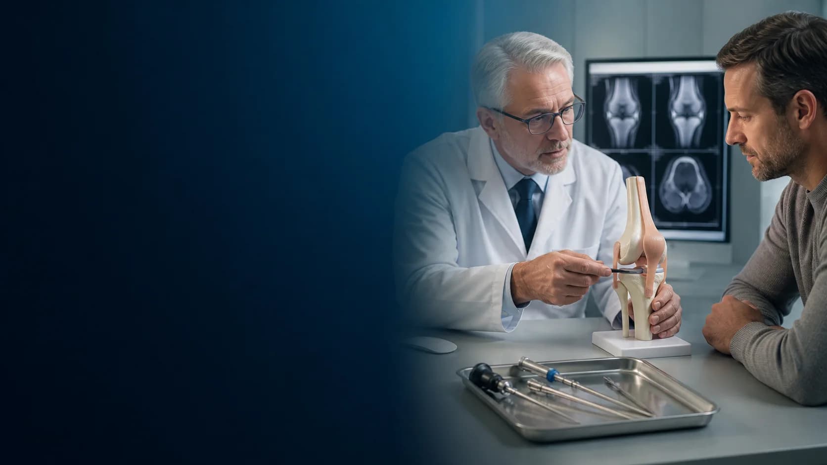 Clinician and patient reviewing ligament anatomy and surgical treatment options