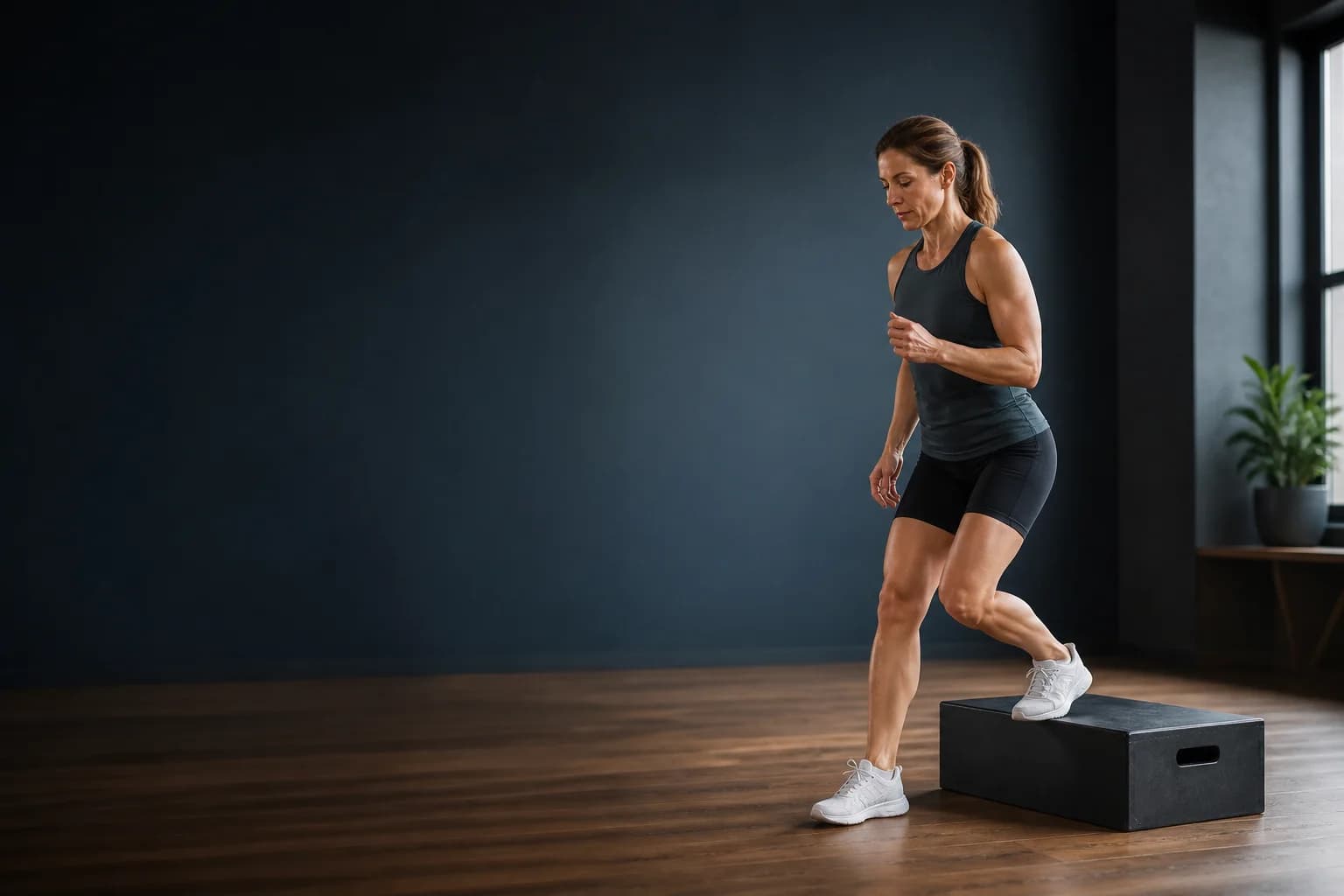 Woman performing a controlled single-leg step-down during knee rehabilitation