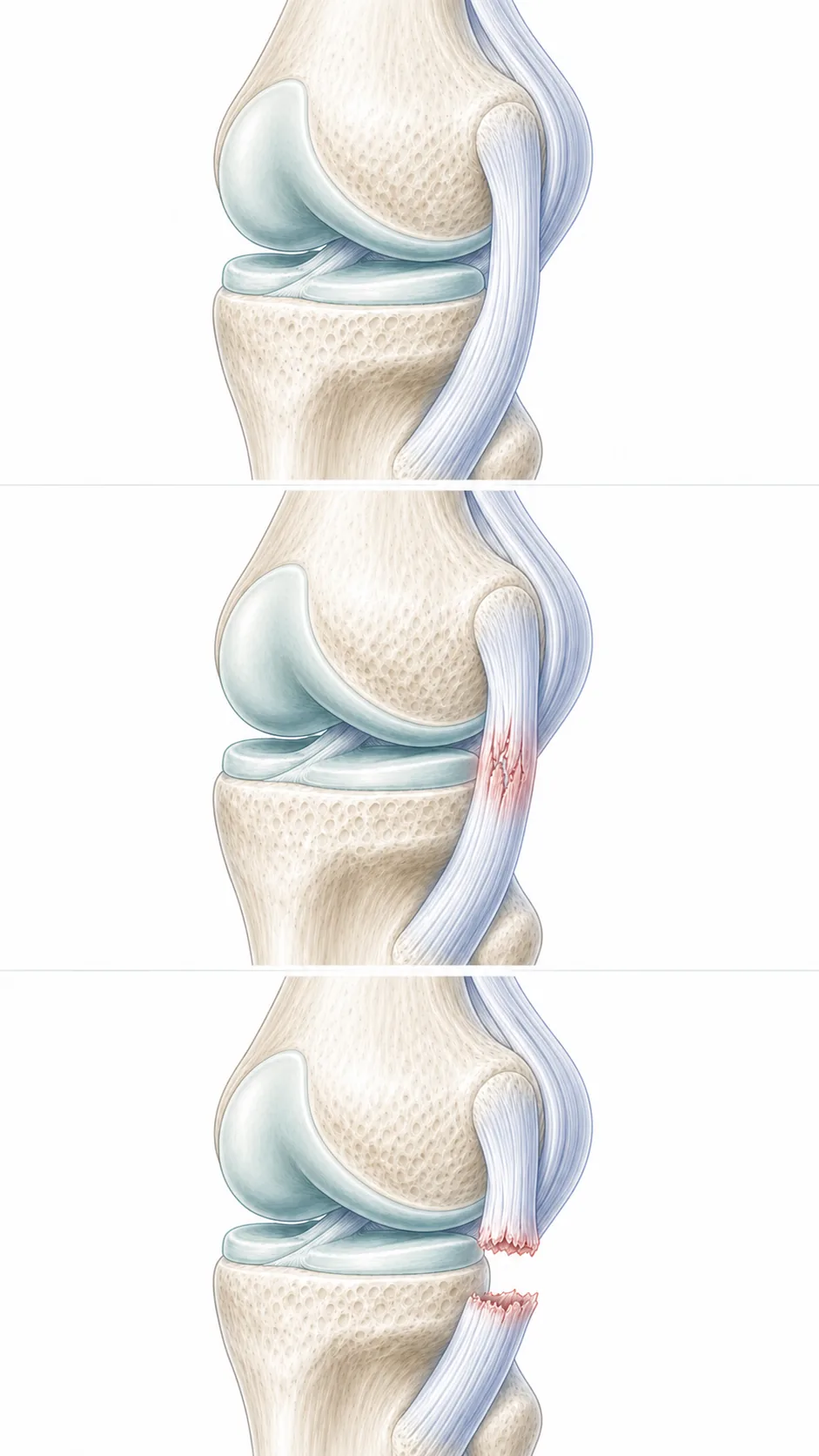 Clinical illustration comparing a continuous collateral ligament, a partial ligament injury and a complete rupture