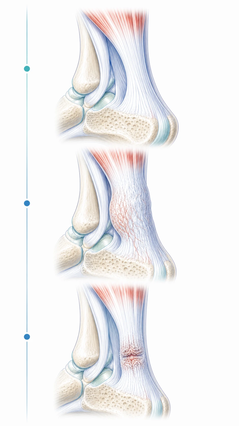 Clinical illustration comparing tendon degeneration, partial tear and complete rupture